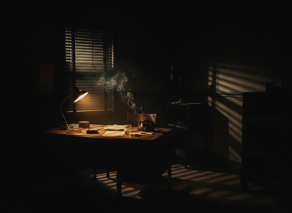 Dark noir private investigator office at night with amber lamp light and venetian blind shadows