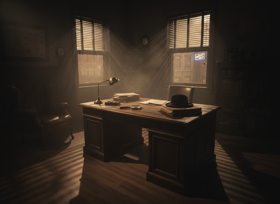 A cinematic noir private investigator's office at night. Dark moody room with a wooden desk holding papers, a magnifying glass, and a fedora hat. Warm amber light cuts through venetian blinds casting dramatic shadows. Soft mysterious fog and mist drifting gently through the room, giving an ethereal atmospheric quality. Absolutely no ashtray, no cigarettes, no pipe, no cigar, no smoking objects of any kind anywhere in the scene. Clean desk surface. Photorealistic, dark and dramatic, film noir aesthetic.